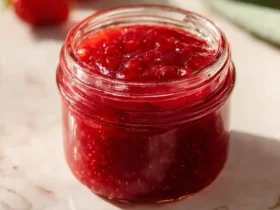 A glass jar filled with vibrant red Strawberry Rhubarb Jam sits on a marble surface with fresh strawberries in the background.