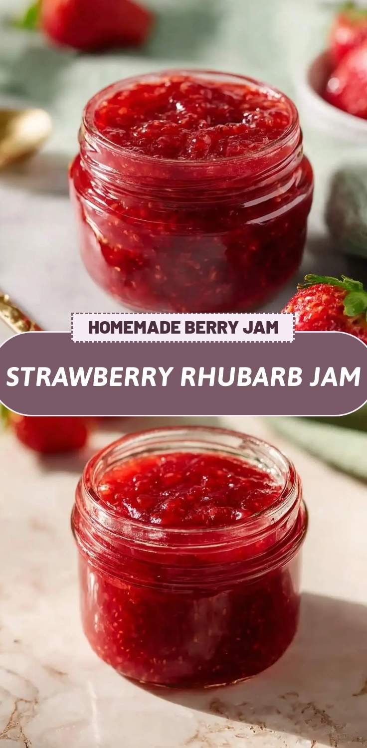 Strawberry Rhubarb Jam 27 Finished jam in a mason jar with fresh berries scattered nearby