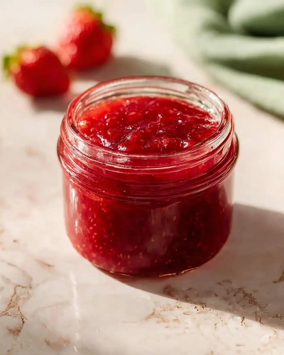 Strawberry Rhubarb Jam 28 A glass jar filled with vibrant red Strawberry Rhubarb Jam sits on a marble surface with fresh strawberries in the background.