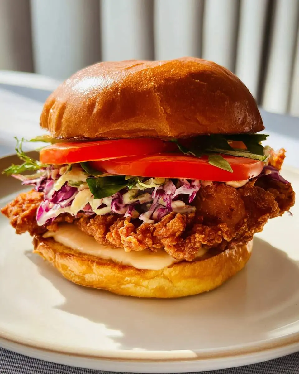 Summertime Fried Chicken Sandwiches with Tangy Slaw stacked with crispy chicken, coleslaw, tomato, and greens on a brioche bun.