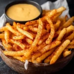 Taco Bell Nacho Fries served in a wooden bowl with warm cheese sauce for dipping.