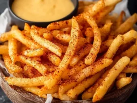 Taco Bell Nacho Fries served in a wooden bowl with warm cheese sauce for dipping.
