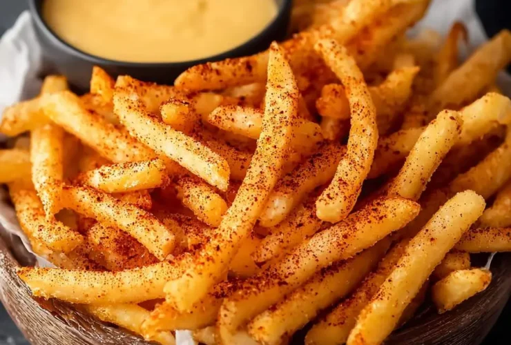 Taco Bell Nacho Fries served in a wooden bowl with warm cheese sauce for dipping.