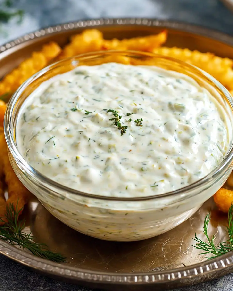 A glass bowl filled with creamy homemade tartar sauce garnished with fresh herbs, served with crinkle-cut fries.