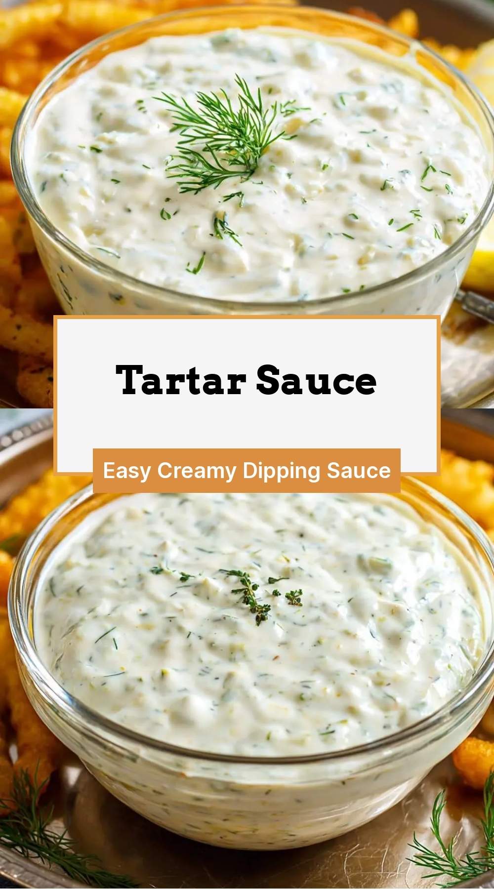 Finished creamy sauce in a small bowl with fried fish and lemon wedges