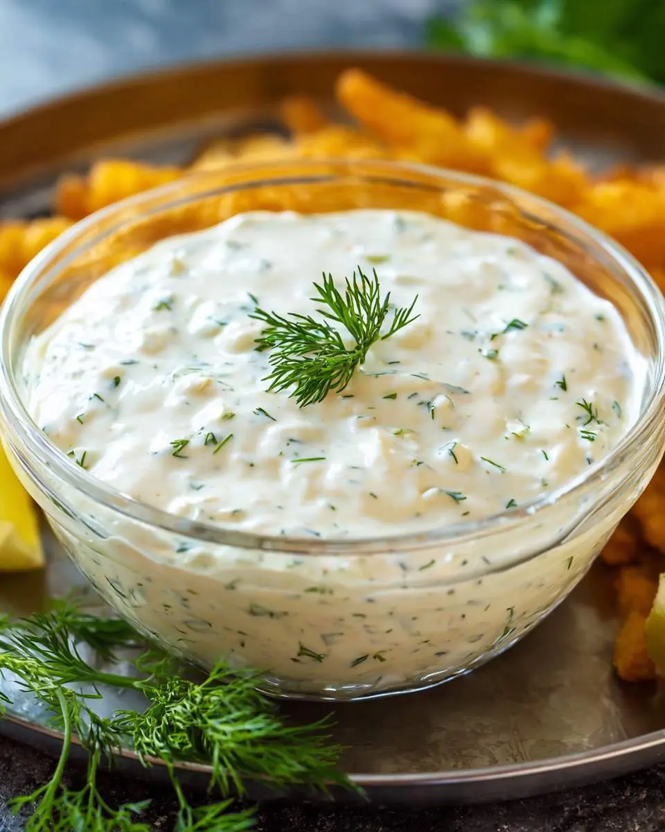 Creamy tartar sauce ingredients arranged on a wooden board with pickles, lemon, and fresh herbs