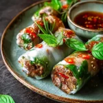 Thai Basil Beef Rolls arranged on a ceramic plate with fresh herbs, sesame seeds, and a side of dipping sauce.