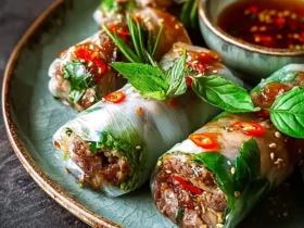 Thai Basil Beef Rolls arranged on a ceramic plate with fresh herbs, sesame seeds, and a side of dipping sauce.