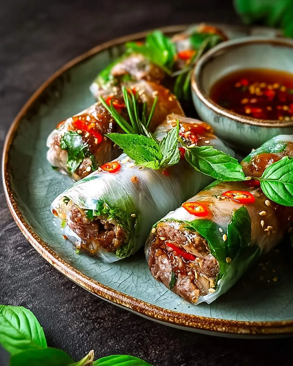 Thai Basil Beef Rolls arranged on a ceramic plate with fresh herbs, sesame seeds, and a side of dipping sauce.