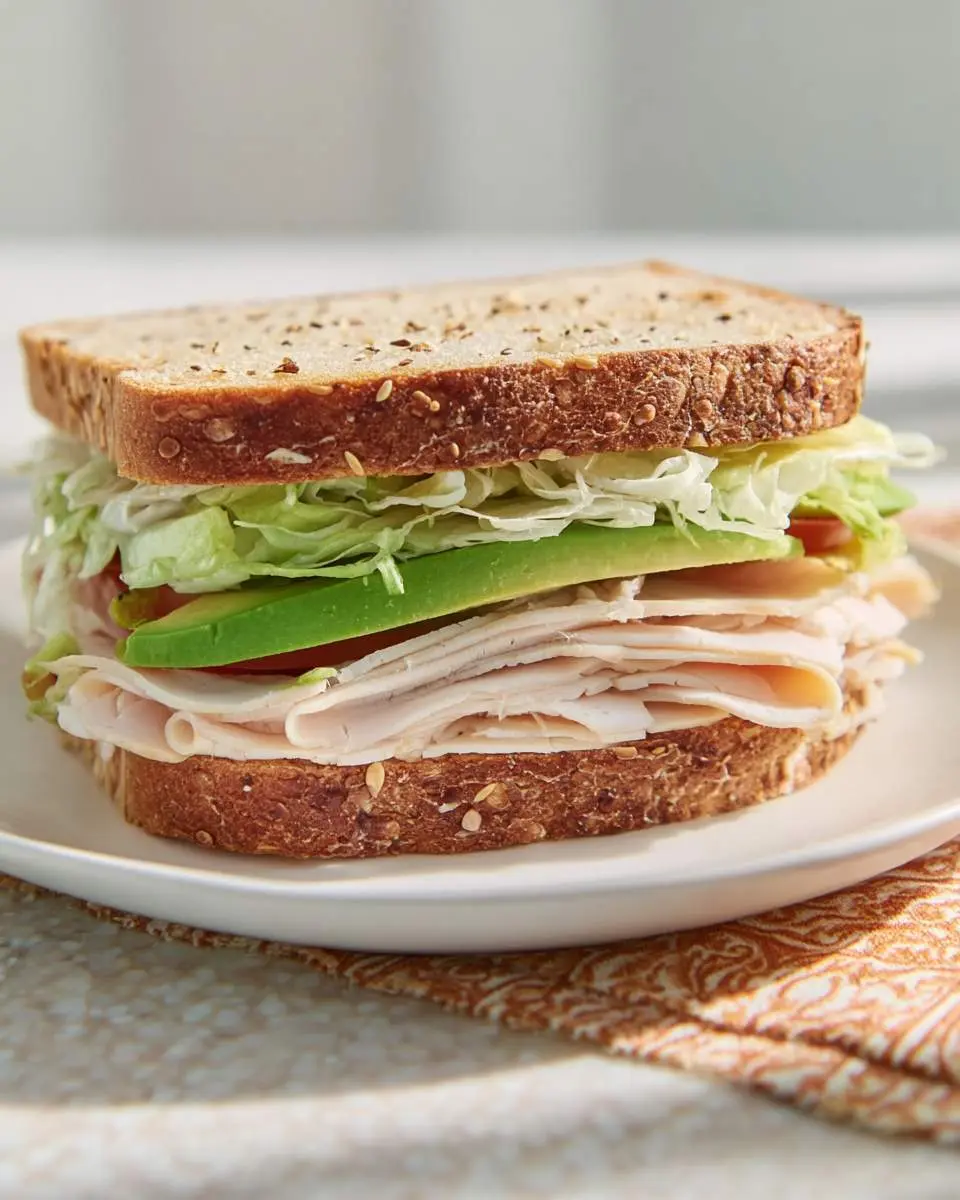 A Turkey Avocado Sandwich with multigrain bread, sliced turkey, fresh avocado, lettuce, and tomato on a white plate.