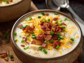 Twice Baked Potato Soup 47 Creamy Twice Baked Potato Soup topped with crispy bacon, shredded cheddar cheese, and fresh chives in a rustic bowl.