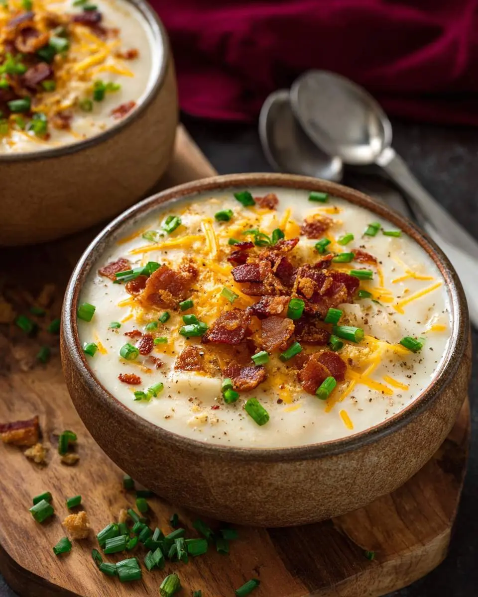 Creamy Twice Baked Potato Soup topped with crispy bacon, shredded cheddar cheese, and fresh chives in a rustic bowl.