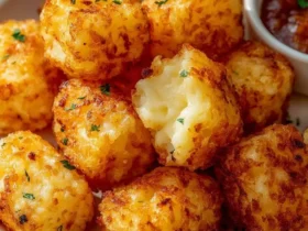 Golden crispy two ingredient cottage cheese tots stacked on a white plate with a side of dipping sauce.