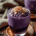 A glass of purple Ube champorado topped with crispy fried garlic sits on a wooden coaster.