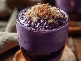 Ube champorado 37 A glass of purple Ube champorado topped with crispy fried garlic sits on a wooden coaster.