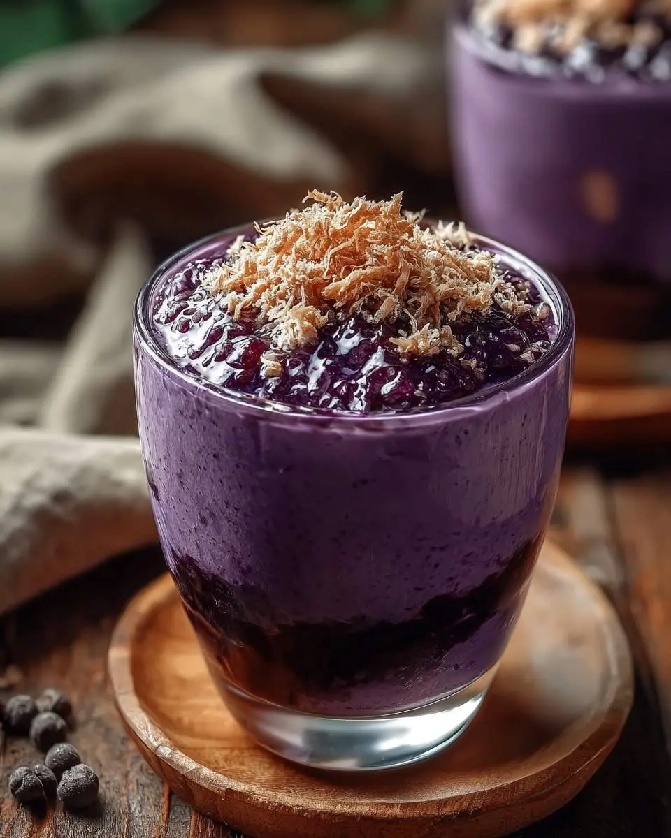 Ube champorado 28 A glass of purple Ube champorado topped with crispy fried garlic sits on a wooden coaster.