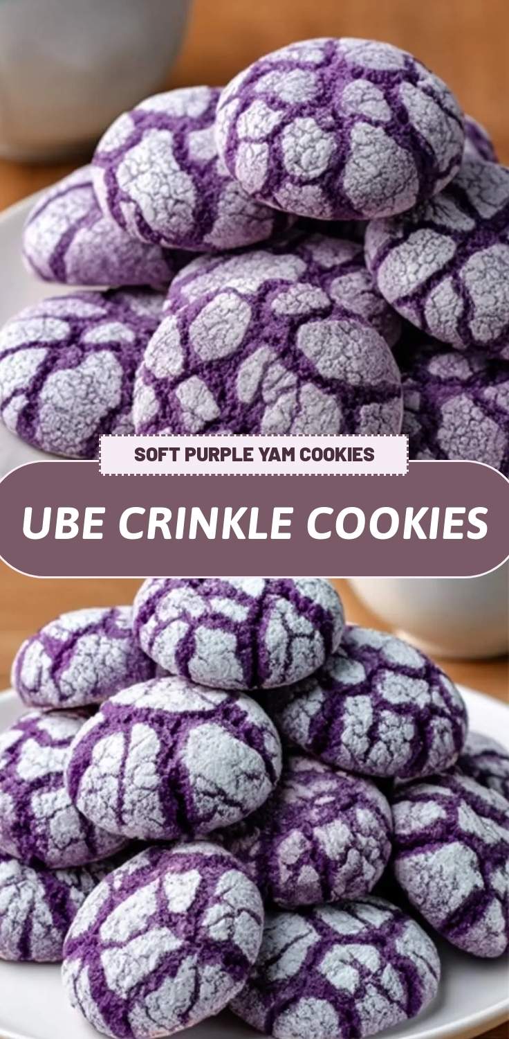 finished purple crinkle cookies stacked on a white plate
