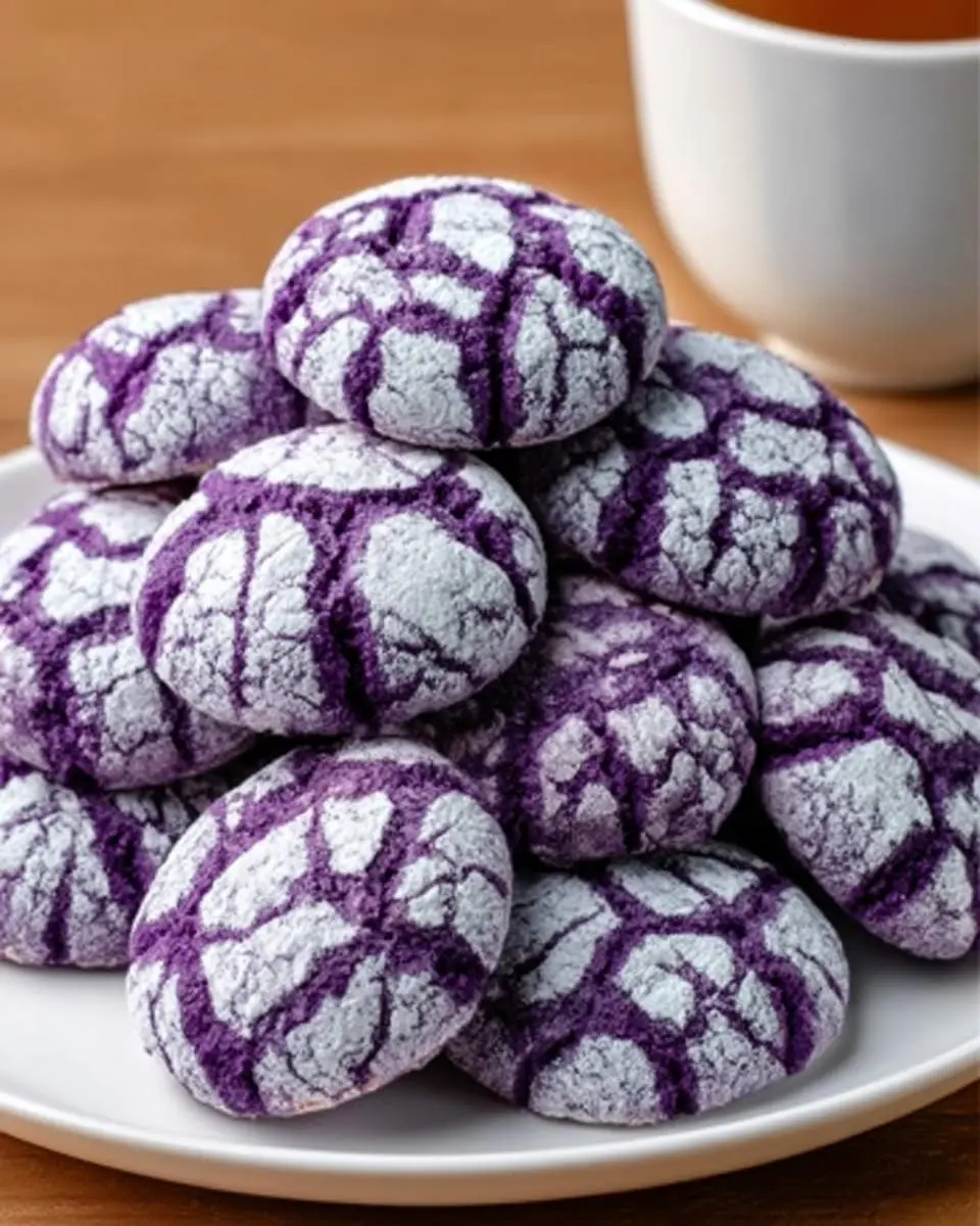 A stack of purple ube crinkle cookies with powdered sugar coating on a white plate beside a cup of tea.