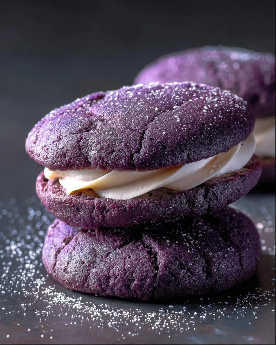 assembled purple sandwich cookies with crinkled tops and creamy filling