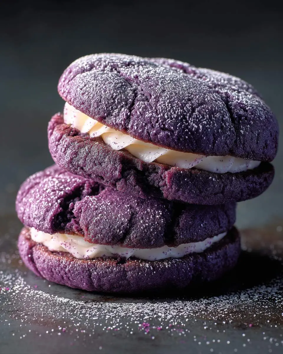 ube crinkle sandwich cookies ingredients and purple dough preparation