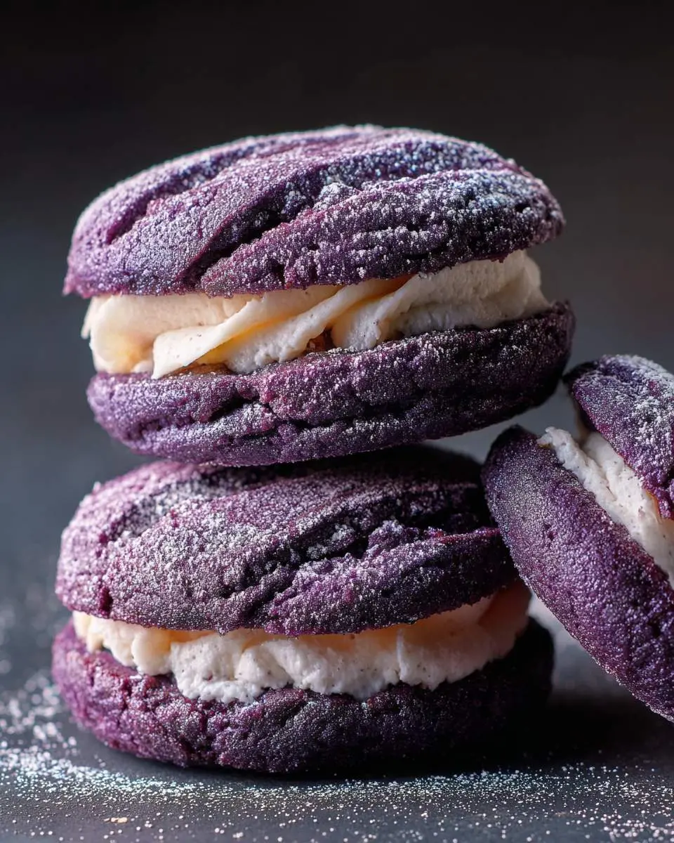 Stack of purple Ube crinkle sandwich cookies filled with creamy white frosting and dusted with powdered sugar.