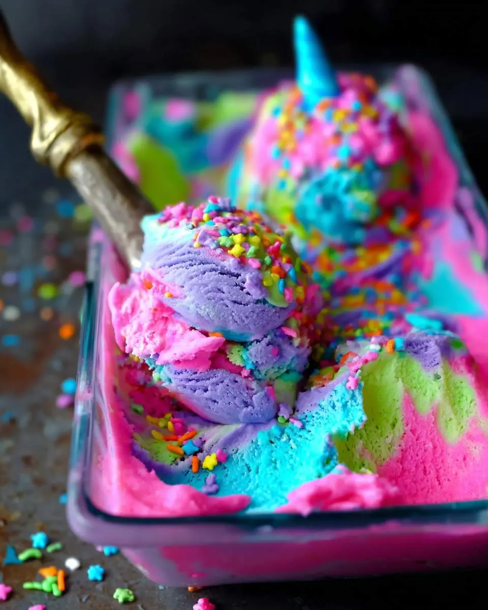 Colorful Unicorn Ice Cream in a glass container with a gold-handled scoop, topped with rainbow sprinkles and a blue horn.
