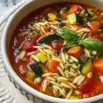 A bowl of warm Vegetable Orzo Soup with zucchini, carrots, tomatoes, and fresh basil garnish.
