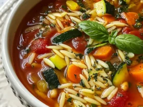 Vegetable Orzo Soup 55 A bowl of warm Vegetable Orzo Soup with zucchini, carrots, tomatoes, and fresh basil garnish.
