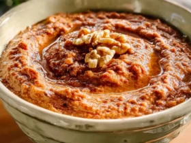 Walnut Romesco Sauce 45 A rustic bowl of Walnut Romesco Sauce topped with chopped walnuts and drizzled with olive oil.