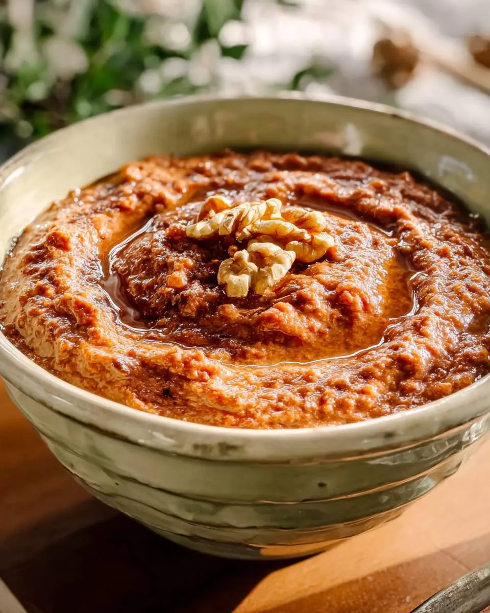 A rustic bowl of Walnut Romesco Sauce topped with chopped walnuts and drizzled with olive oil.