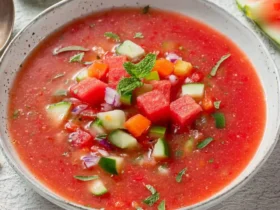 Watermelon Gazpacho 47 A bowl of refreshing Watermelon Gazpacho topped with diced watermelon, cucumber, and fresh mint leaves.