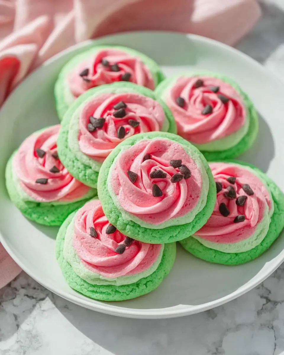 A plate of vibrant green Watermelon Sugar Cookies topped with pink frosting swirls and mini chocolate chips.