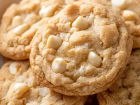 White Chocolate Macadamia Cookies 46 A close-up of golden White Chocolate Macadamia Cookies stacked in a white bowl, showing creamy white chips and crunchy nuts.