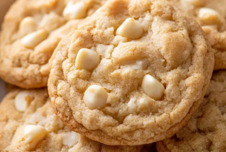 A close-up of golden White Chocolate Macadamia Cookies stacked in a white bowl, showing creamy white chips and crunchy nuts.