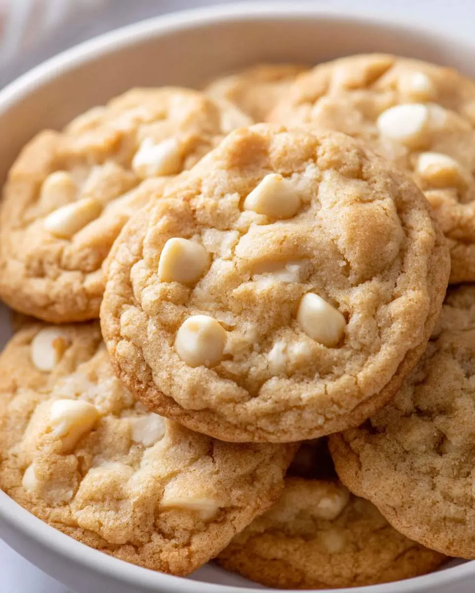 A close-up of golden White Chocolate Macadamia Cookies stacked in a white bowl, showing creamy white chips and crunchy nuts.
