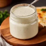A glass jar filled with creamy White Pizza Sauce sits on a wooden board with a spoon inside.