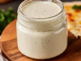 White Pizza Sauce 48 A glass jar filled with creamy White Pizza Sauce sits on a wooden board with a spoon inside.