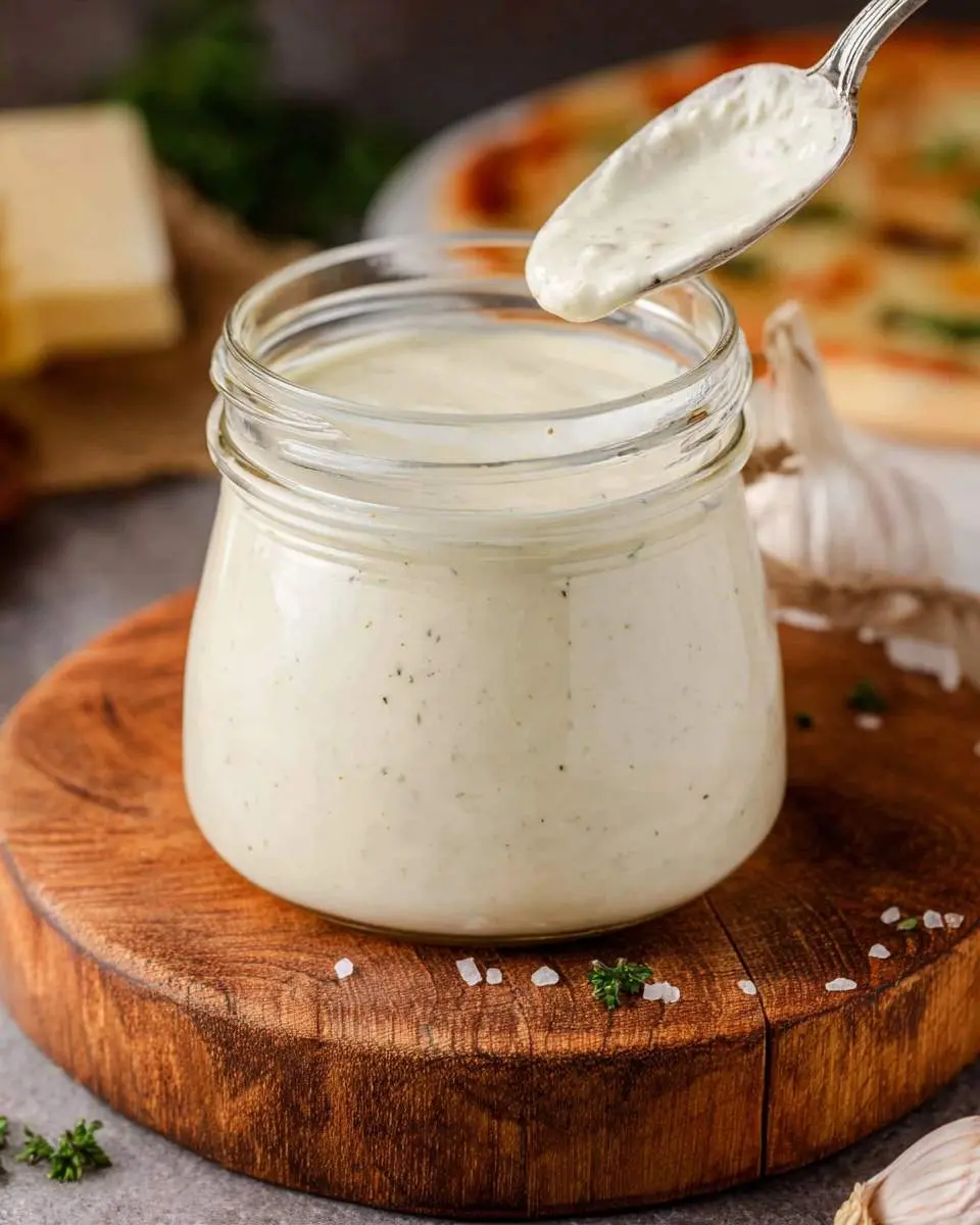 Creamy white pizza sauce ingredients arranged on a wooden cutting board with fresh garlic and herbs