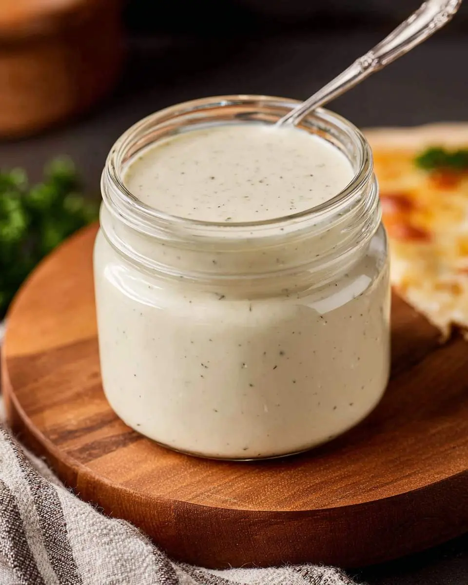 A glass jar filled with creamy White Pizza Sauce sits on a wooden board with a spoon inside.