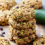 Stack of four Zucchini Bread Breakfast Cookies with chocolate chips and oats on a wooden board.