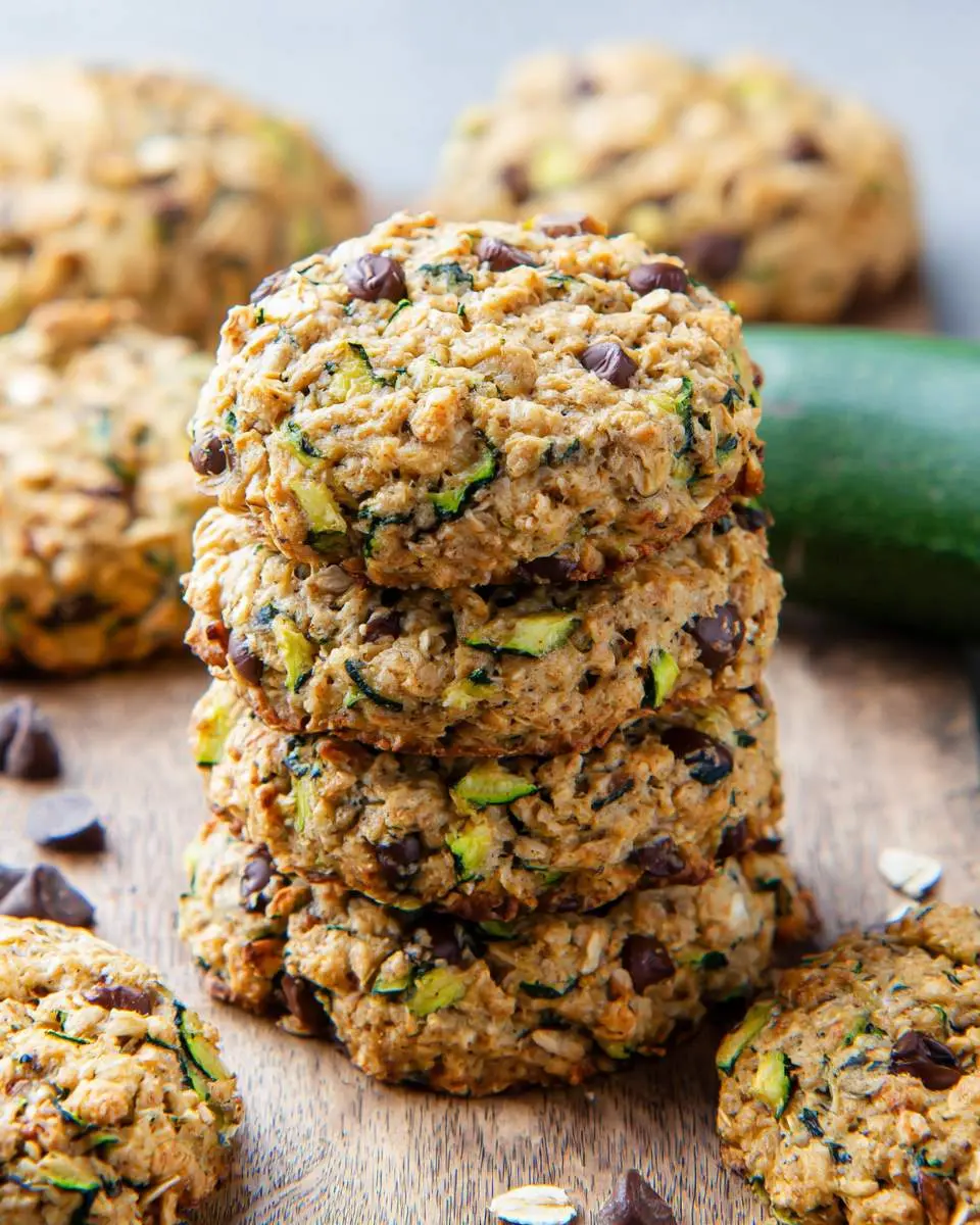 Stack of four Zucchini Bread Breakfast Cookies with chocolate chips and oats on a wooden board.