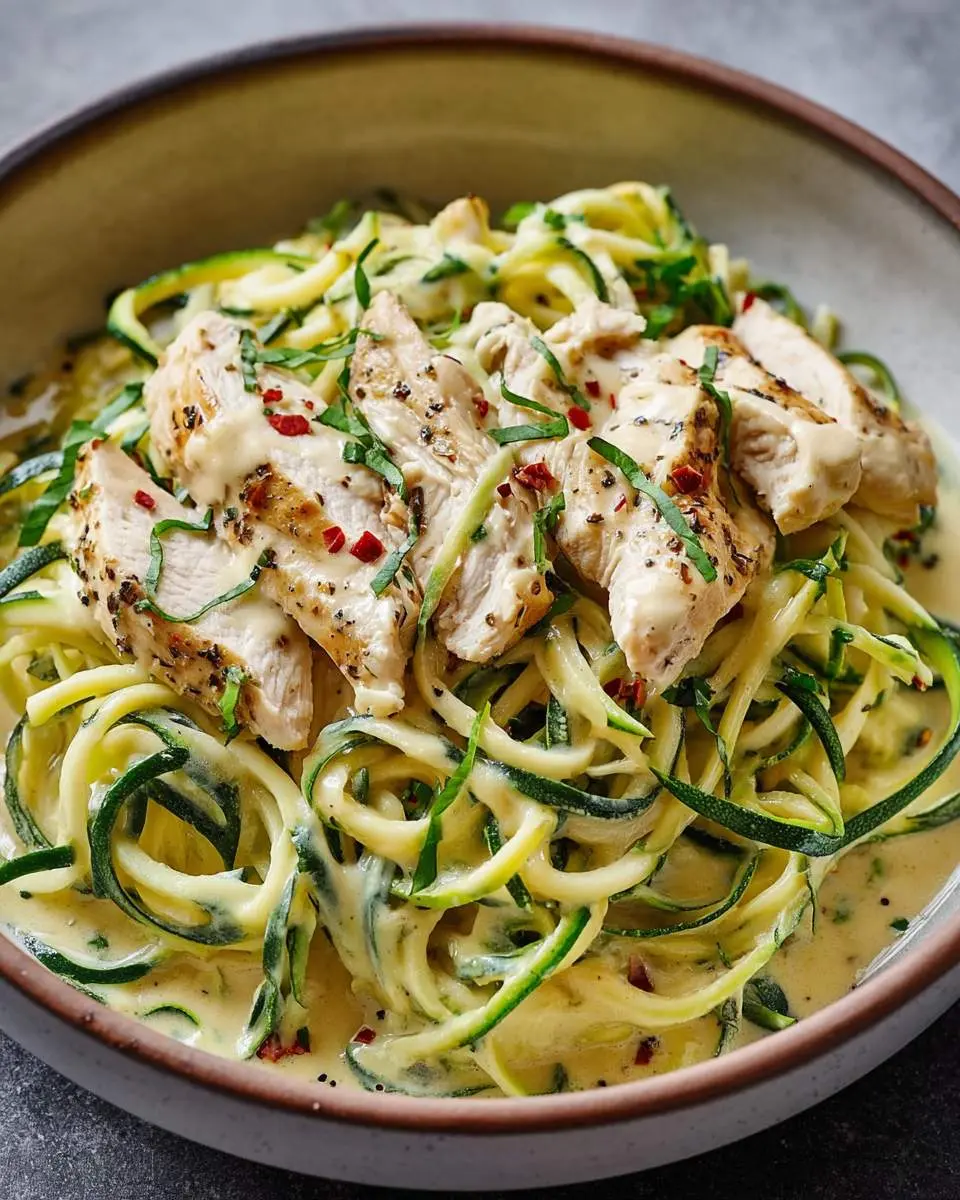 Zucchini Noodle Alfredo with Chicken 28 A bowl of creamy Zucchini Noodle Alfredo with Chicken topped with sliced grilled chicken, fresh herbs, and red pepper flakes.