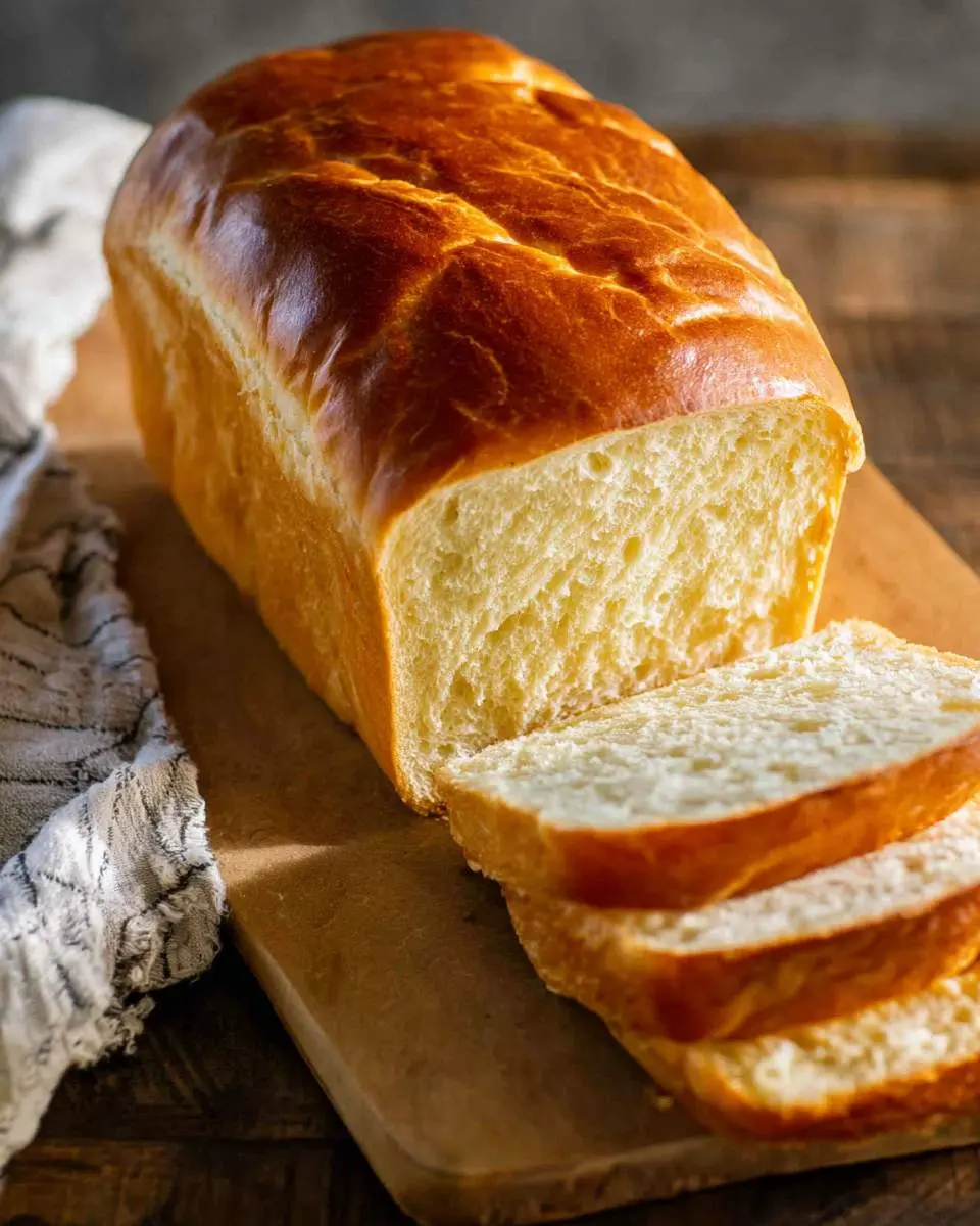 Freshly baked loaf of Amish White Bread with golden crust and soft interior, sliced on a wooden cutting board.