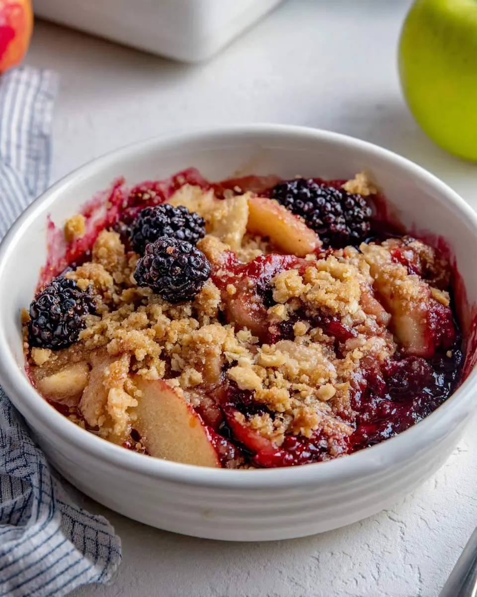 A warm Apple Blackberry Crumble served in a white bowl, topped with golden oat streusel and fresh blackberries.