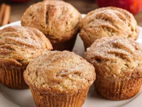 Five golden Apple Cinnamon Muffins dusted with sugar sit on a white plate with fresh red apples in the background.