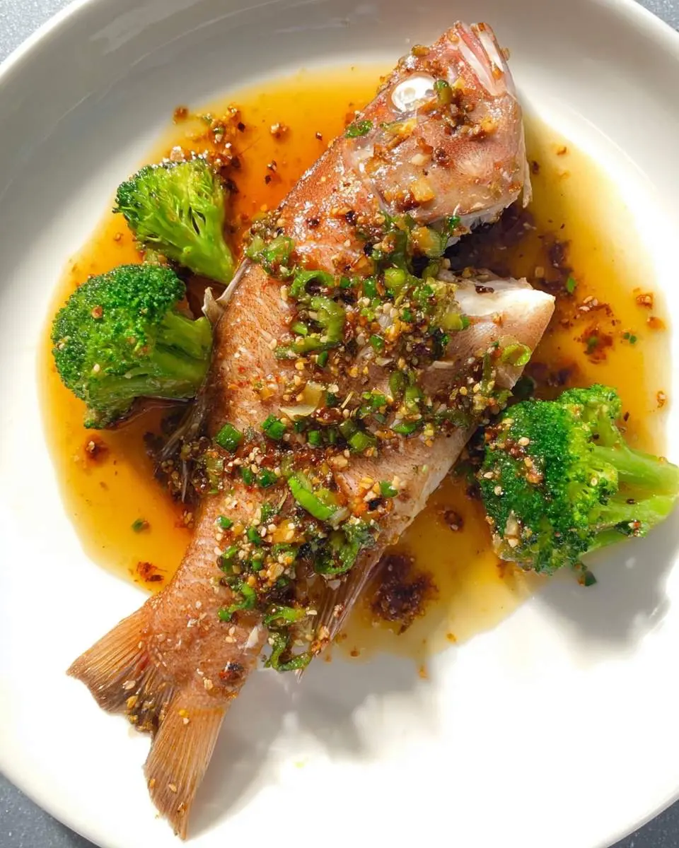 Baked Asian Rockfish served on a white plate with broccoli florets, topped with green onions, garlic, and sesame seeds in a savory sauce.