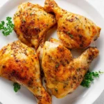 Four golden brown baked chicken leg quarters seasoned with herbs and arranged on a white plate with fresh parsley garnish.