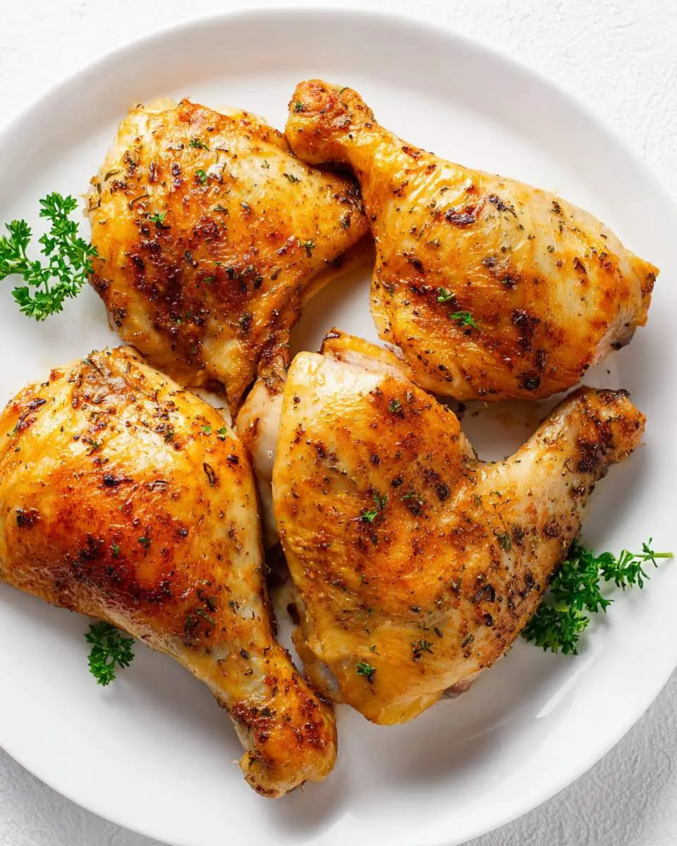Four golden brown baked chicken leg quarters seasoned with herbs and arranged on a white plate with fresh parsley garnish.