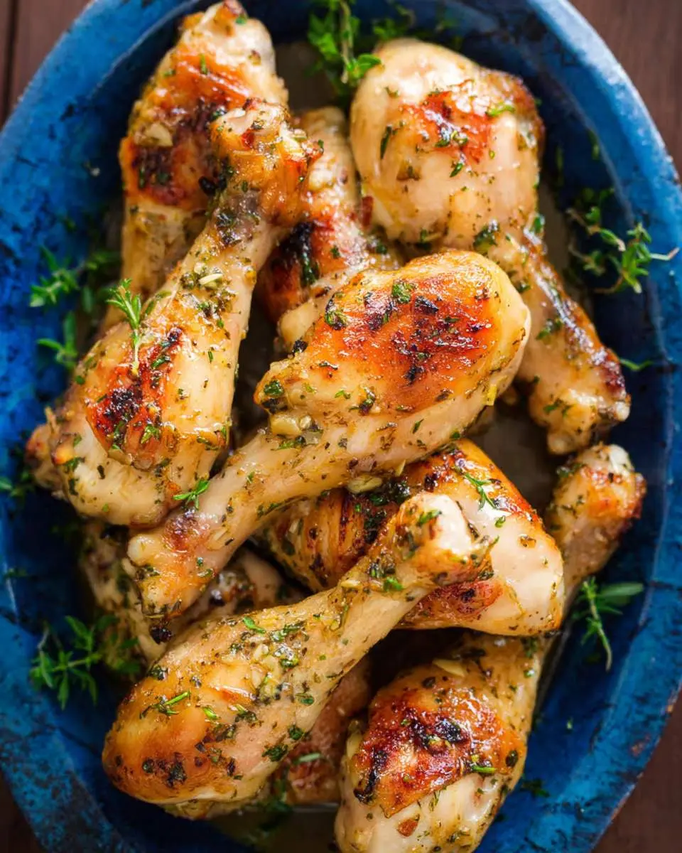 Baked Chicken Legs with Garlic and Dijon 28 Golden brown Baked Chicken Legs with Garlic and Dijon arranged in a blue serving dish, garnished with fresh herbs.