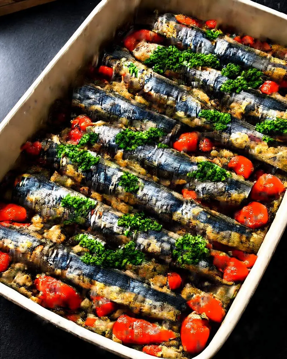 Baked Mediterranean Sardines 26 Golden roasted sardines with charred lemon and herbs on a baking sheet